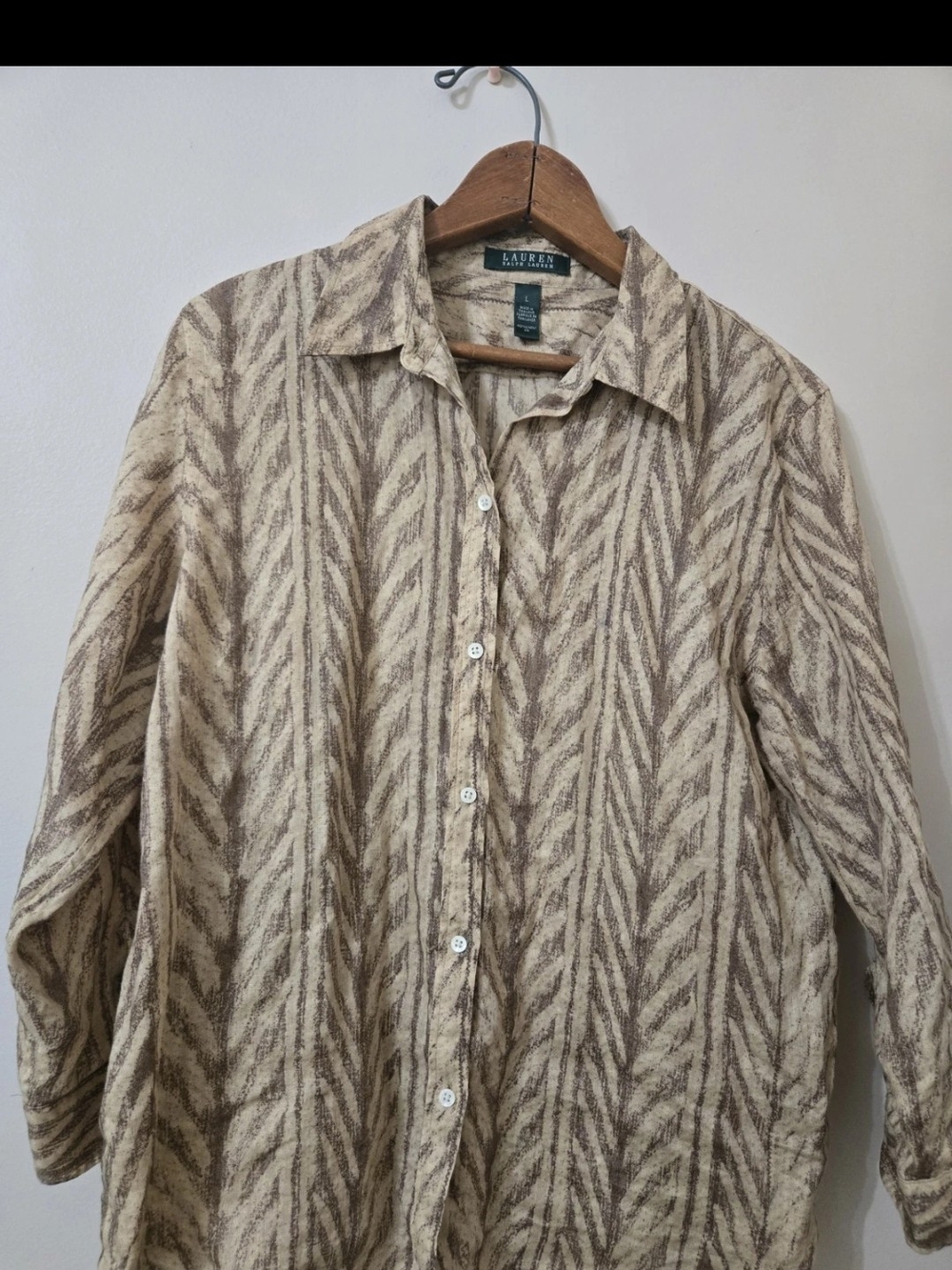 Vintage Lauren Ralph Lauren Animal Print 100% Linen Button Up Shirt - LG - Women